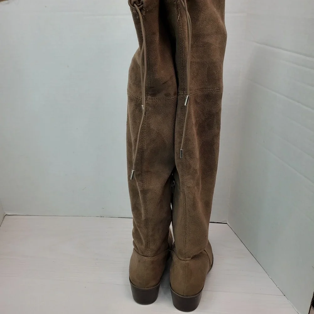 Taupe Faux Suede Over the‎ Knee Boots Pointed Toe Block Heel Tie Back Brown Boho